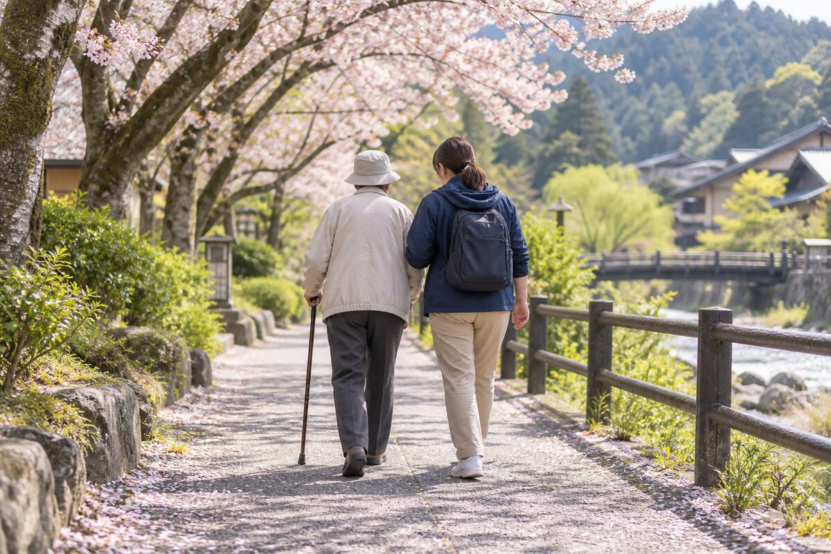 桜並木を歩く高齢者と付き添いの後ろ姿