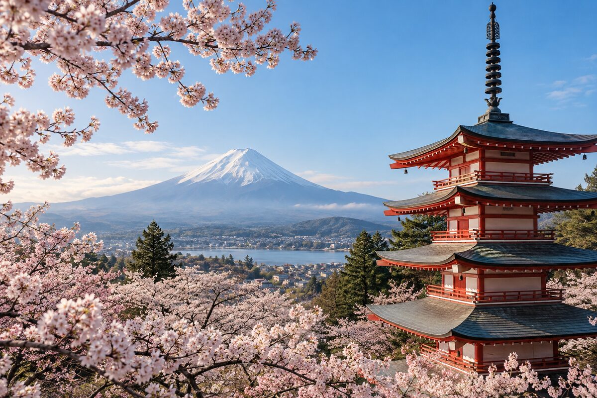 富士山と五重塔と桜