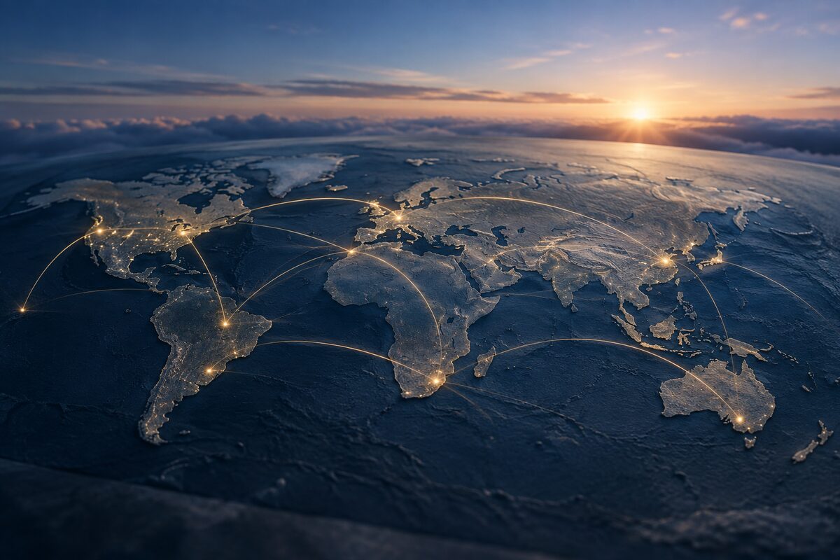 世界地図の上を結ぶ航空路線の光